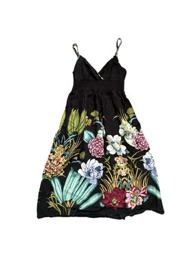 Tropical Floral Shirred Midi Dress - Black/Multi L